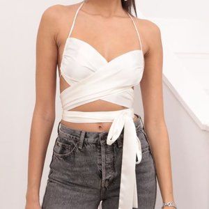 Lucy in the Sky Satin Bow Tie Top, White